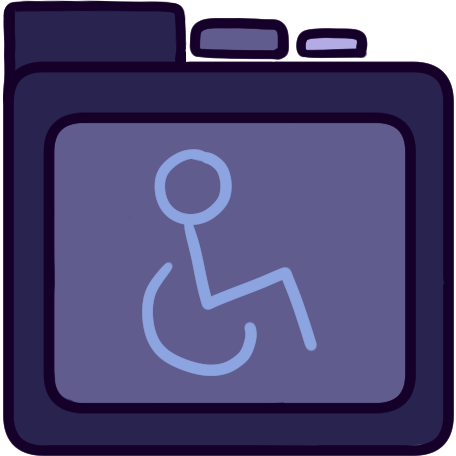 a purple file folder with a person in a wheelchair symbol on it.